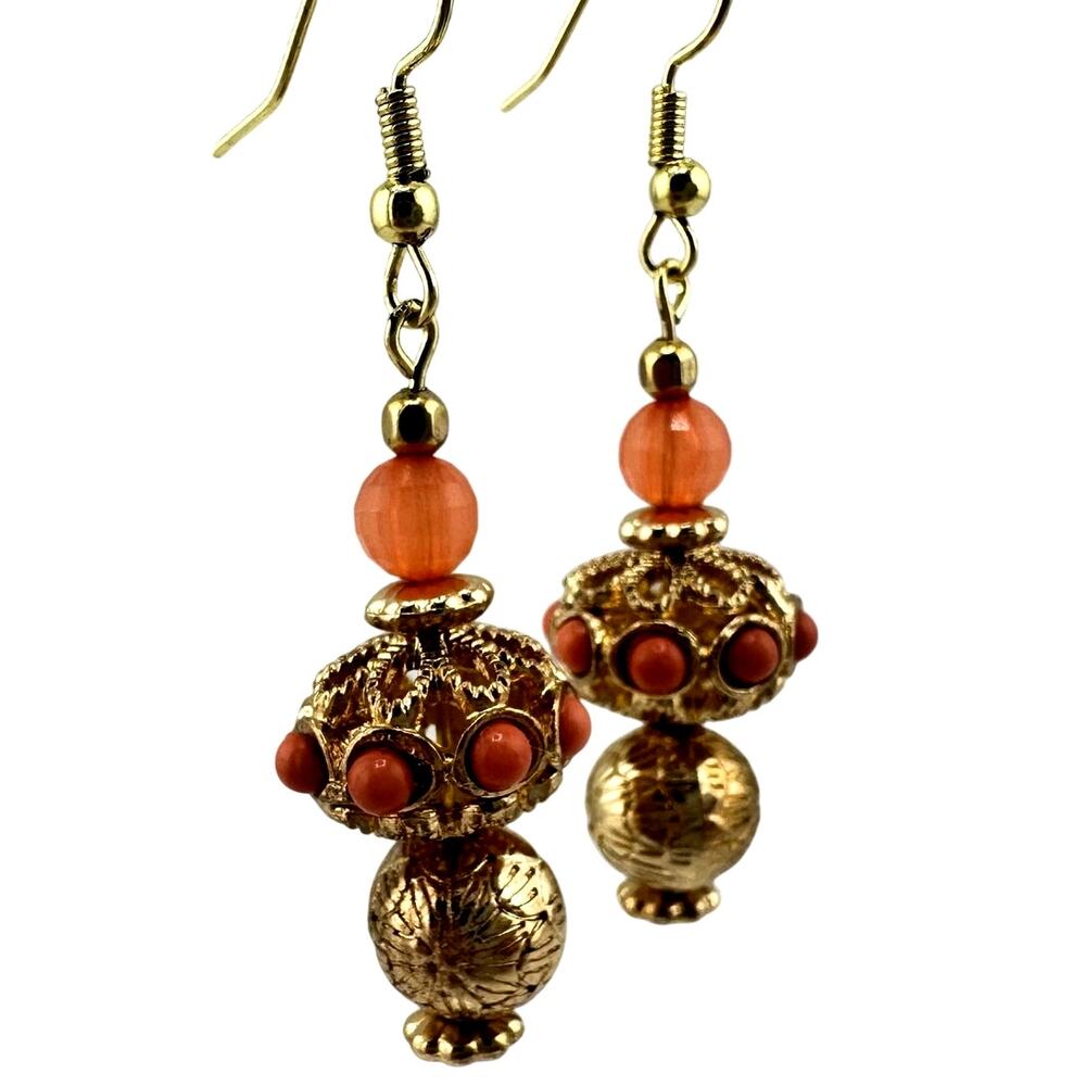 Vintage Upcycled Handmade Peach Crystal Gold Tone Filigree Bead Drop 2" Earrings